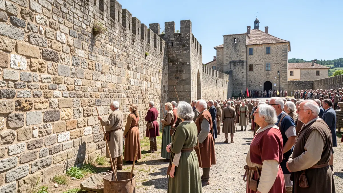 Imagen genérica de una sección de la muralla romana en Lugo con gente mayor observándola.