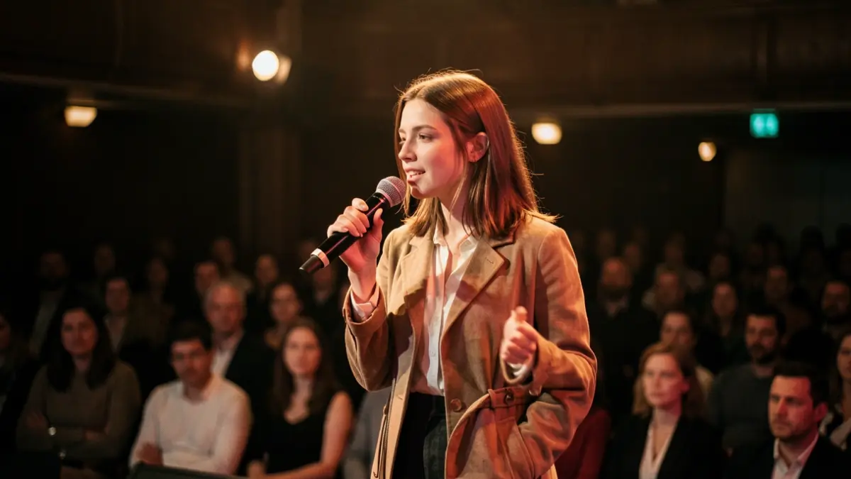 Imagen de una joven cantando en un escenario con focos de luz.