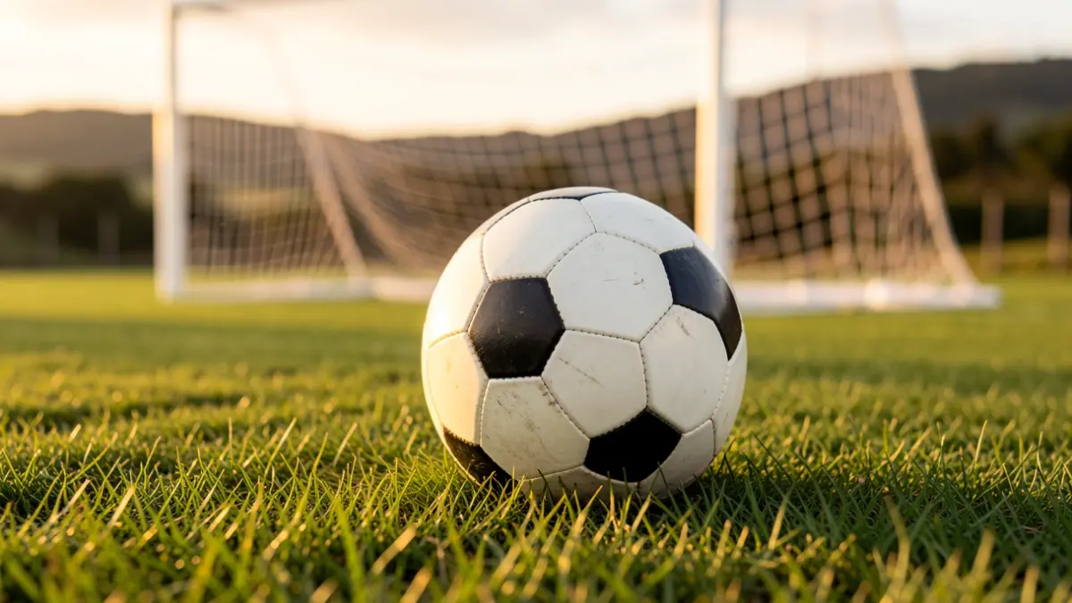 Imagen genérica de un balón de fútbol sobre césped con red borrosa al fondo.