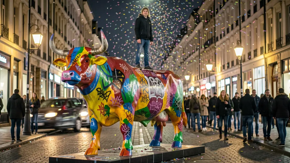 Imaxe dunha escultura de vaca vandalizada na rúa do Paseo de Ourense.