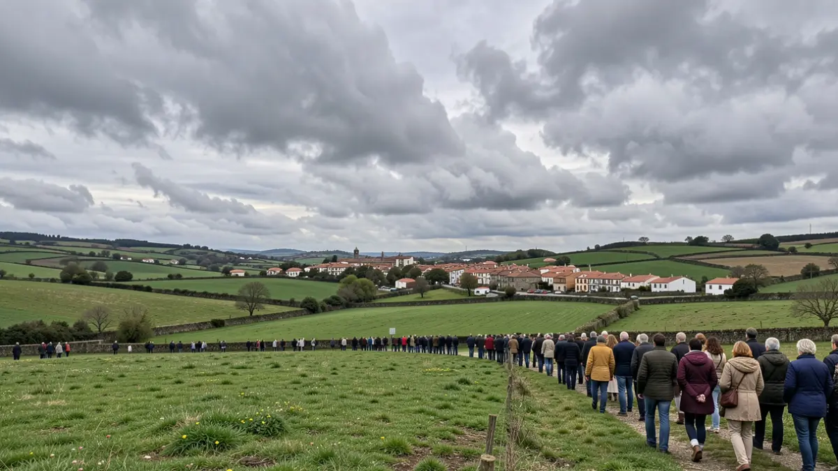 Imagen genérica de un cielo nublado sobre un paisaje gallego verde con una pequeña villa a distancia.