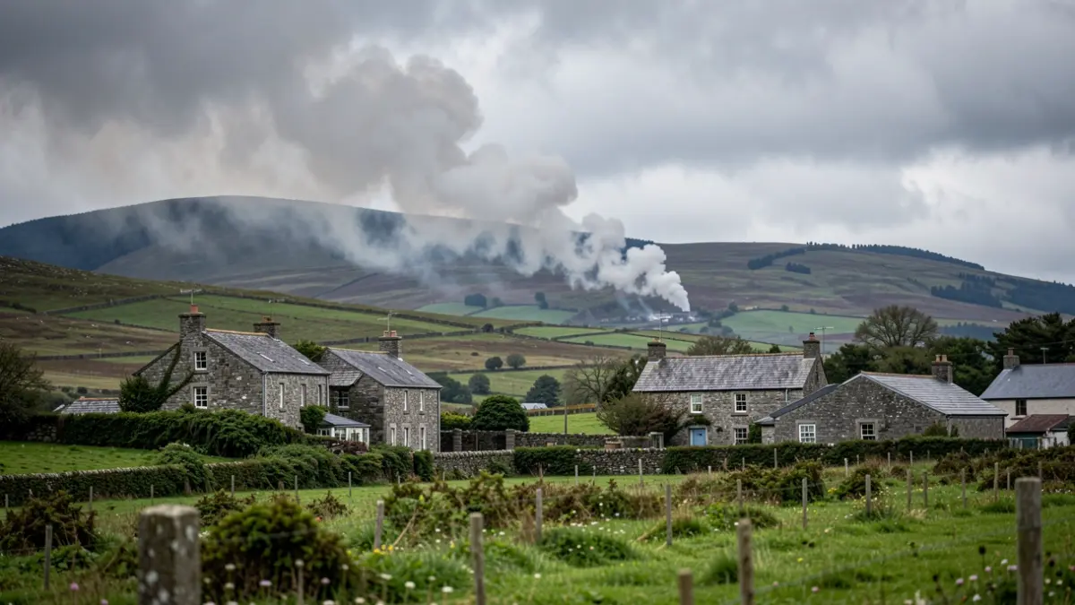 Imaxe xenérica dunha paisaxe rural galega con fume no horizonte.