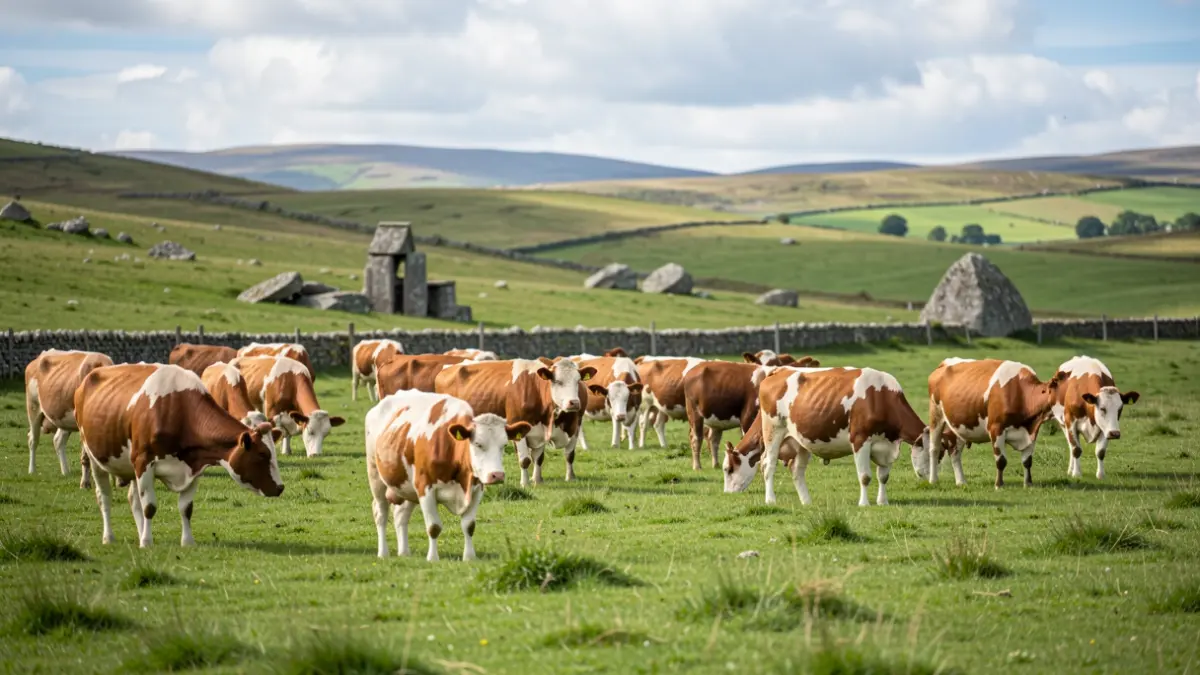 Un rabaño de vacas cachenas pastando nun prado verde en Galicia rural.