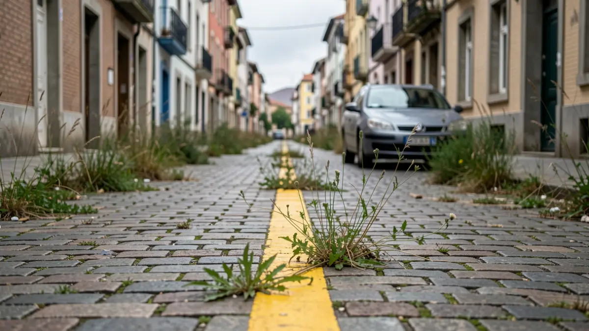 Imagen genérica de una calle de Ourense con problemas de aparcamiento y maleza.