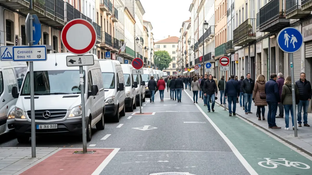 Imaxe dunha rúa en Ourense con furgonetas aparcadas que tapan sinais de tráfico e un carril bici.