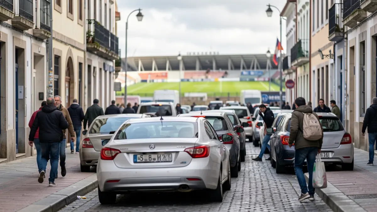 Imaxe dunha rúa en San Pedro de Visma, A Coruña, bloqueada por coches mal aparcados durante un partido de fútbol.