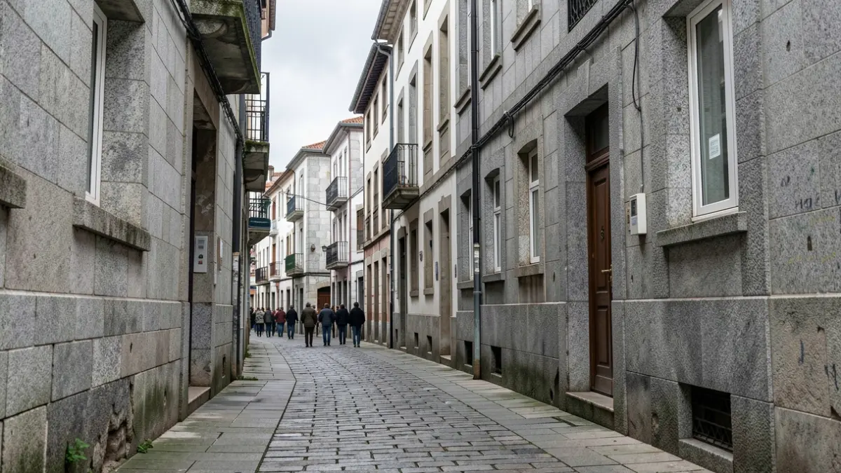 Imagen genérica de una calle de Vigo con edificios de granito y cielo nublado, evocando una atmósfera de preocupación vecinal.
