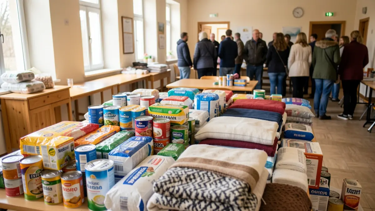 Imaxe xenérica de material de axuda humanitaria organizado nun centro comunitario.