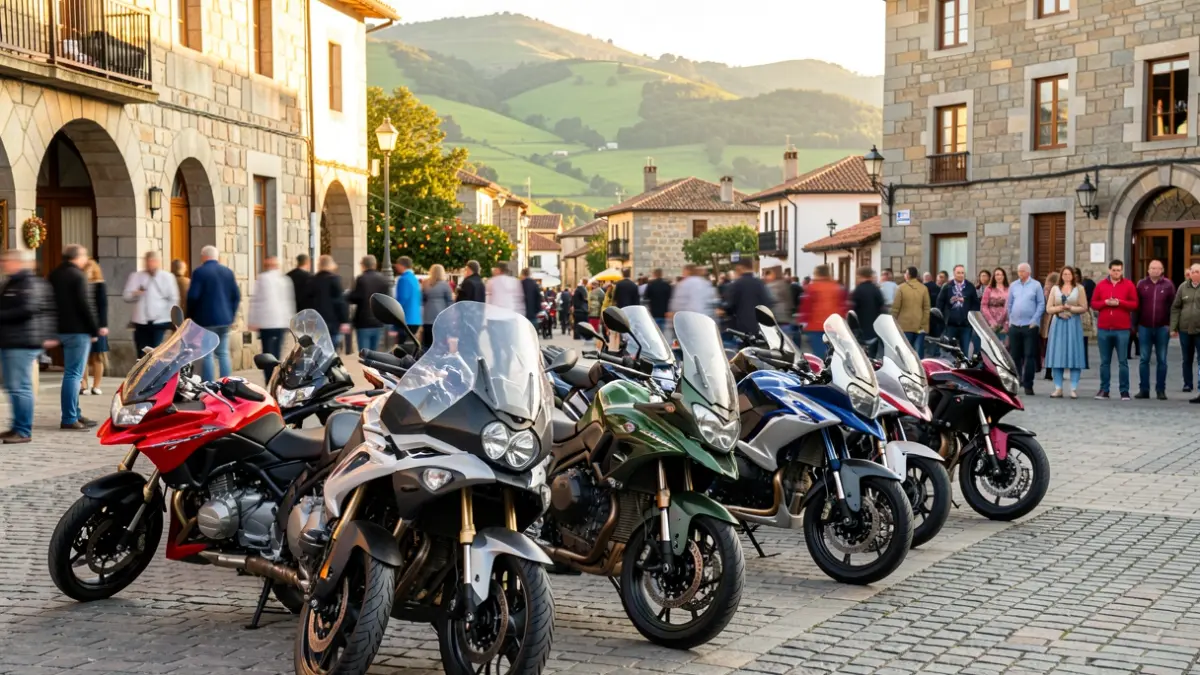Imaxe xenérica de motocicletas aparcadas nunha praza galega con arquitectura de granito e colinas verdes.
