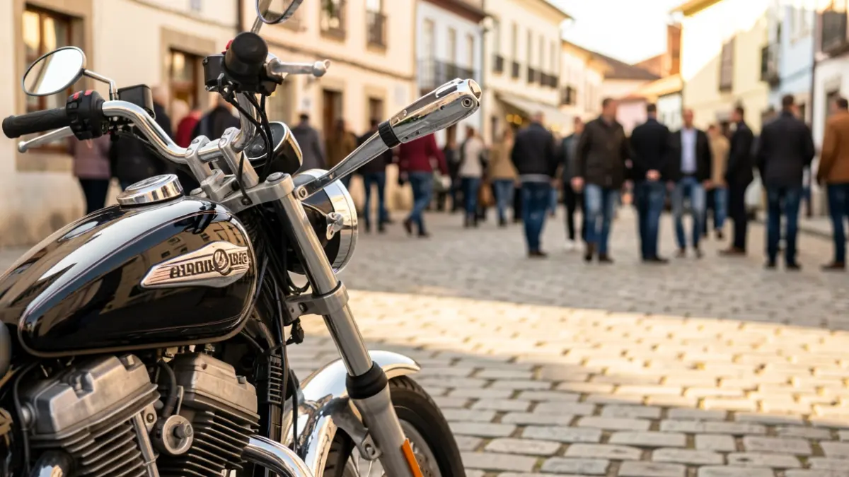 Detalle de una motocicleta aparcada en una plaza de piedra.