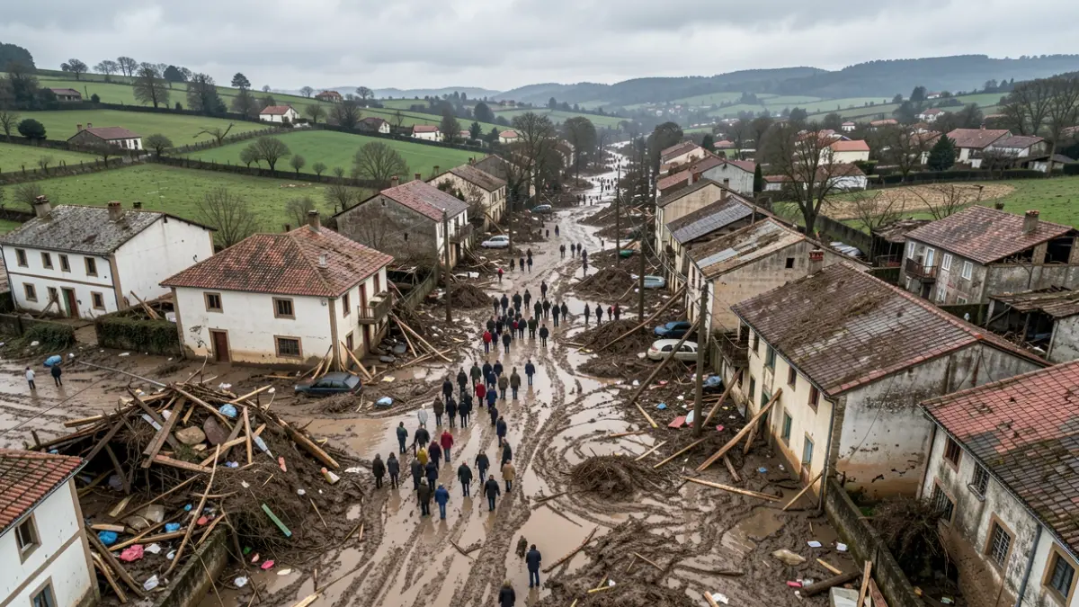 Imaxe aérea dunha aldea galega devastada por unha inundación, con casas cubertas de lodo e rúas cheas de escombros.