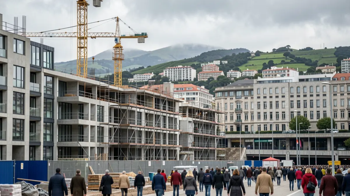 Imaxe xenérica de obra dun novo edificio residencial en Vigo, con guindastres e andamios.