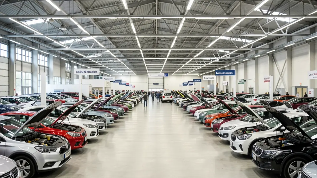 Imaxe xenérica dunha feira de automóbiles con moitos coches expostos.
