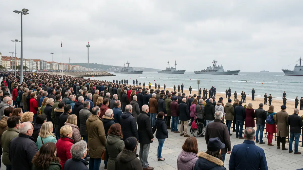 Multitude de xente na praia de Samil, Vigo, observando un desfile militar.