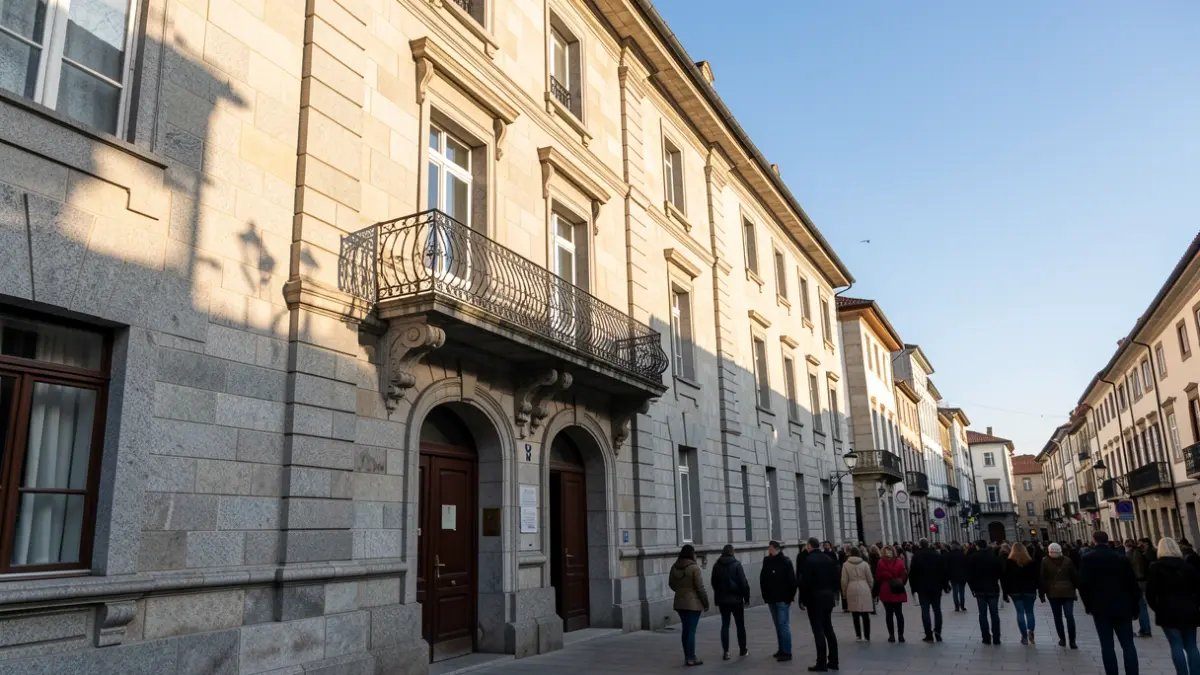 Imagen genérica de un ayuntamiento gallego de granito con balcón y rejas de hierro, a la luz de la tarde.