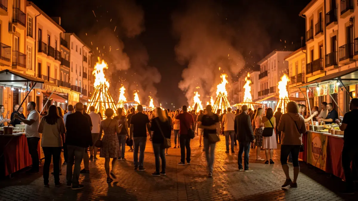 Imaxe xenérica dunha noite de San Xoán en Vigo con fogueiras e xente celebrando.