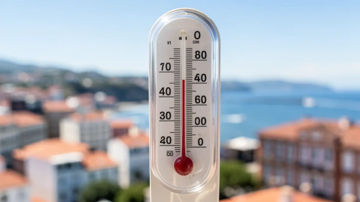 Imagen genérica de un termómetro marcando una temperatura muy alta con un fondo urbano de Galicia.