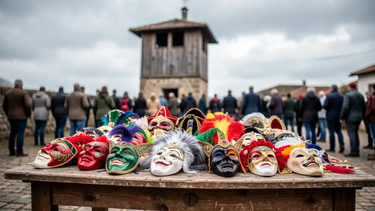 Imaxe xenérica de máscaras e traxes de entroido galego tradicionais.