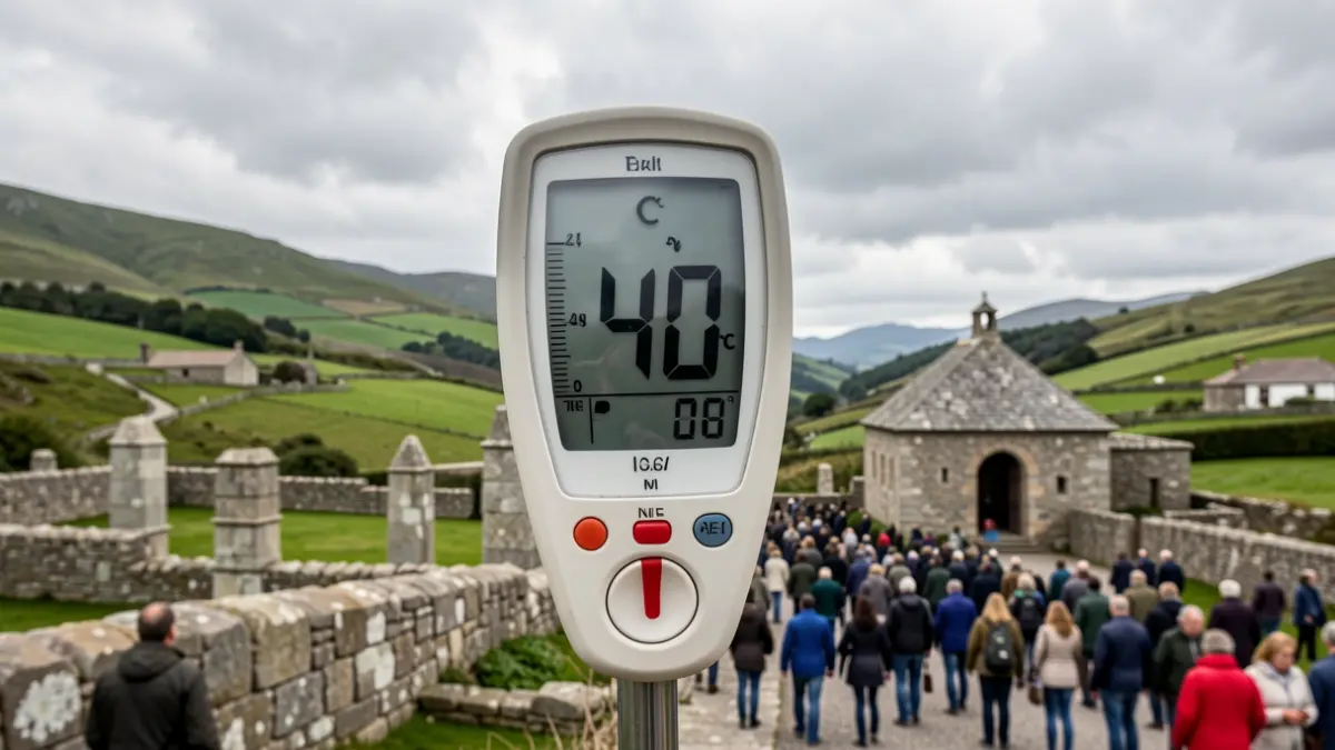 Imaxe xenérica dun termómetro marcando alta temperatura sobre paisaxe galega.