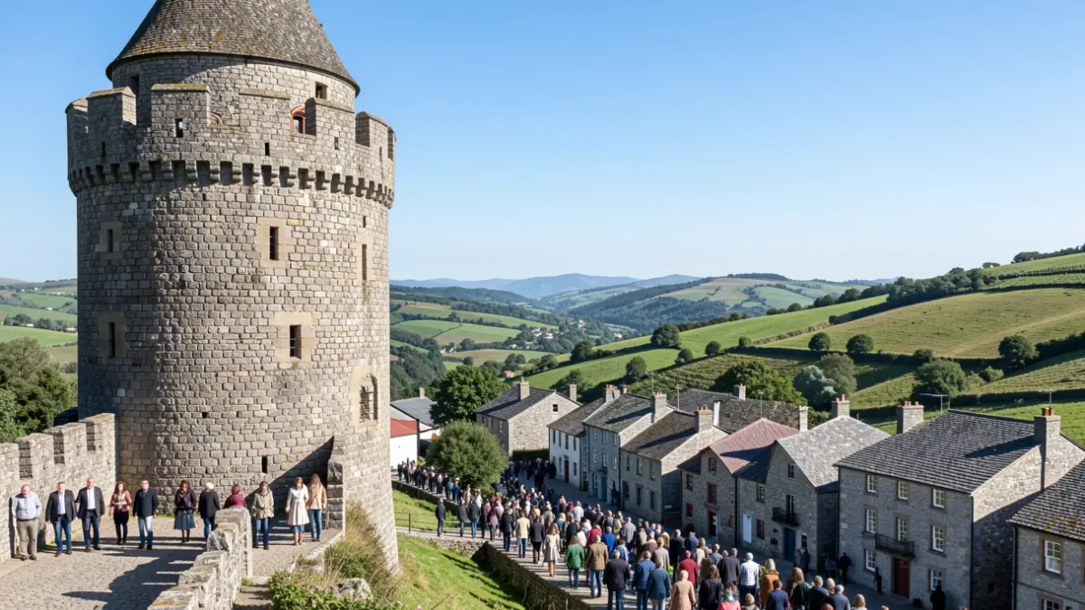 Imaxe xenérica dunha torre medieval galega con casas de granito e vales verdes.