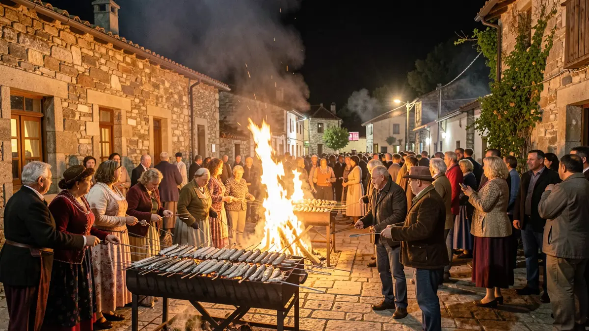 Imagen de una fiesta de San Xoán en Vilar de Santos con gente, sardinas y fuego.