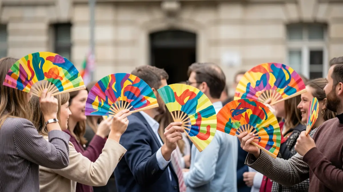 Imaxe xenérica de persoas sostendo abanos de cores diante dun edificio.