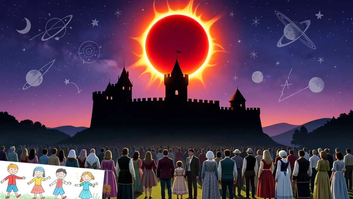 Imaxe xenérica dunha representación dunha eclipse solar sobre un castelo medieval con elementos astronómicos e debuxos infantís.
