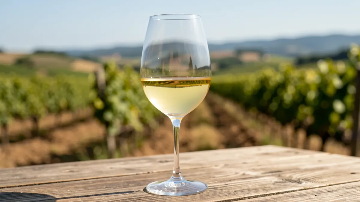 Imaxe xenérica de viño branco nunha mesa con viñedo de Valdeorras ao fondo.