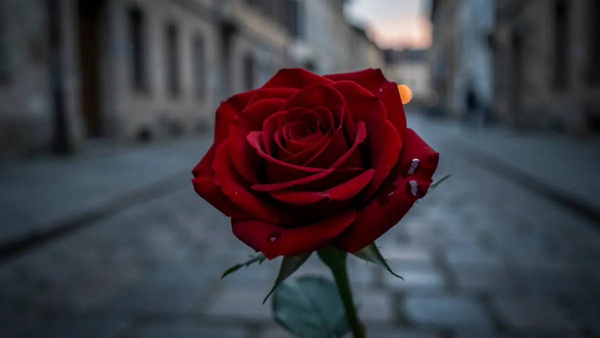 Imaxe dunha rosa vermella cunha pinga de sangue, sobre un fondo urbano desfocado.