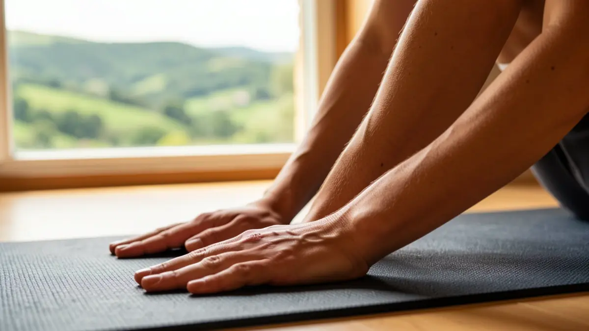 Primer plano de un ejercicio de pilates con una mujer en primer plano y paisaje gallego desenfocado al fondo.