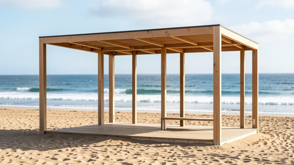 Imaxe dunha estrutura de praia moderna e accesible deseñada para ofrecer refuxio.