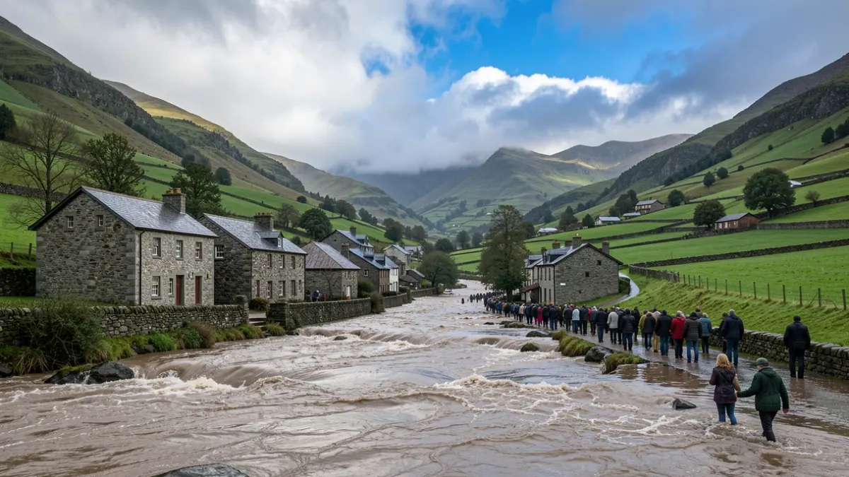 Imagen genérica de valle gallego con casas de granito y campos verdes, mostrando signos de lluvia intensa e inundaciones.