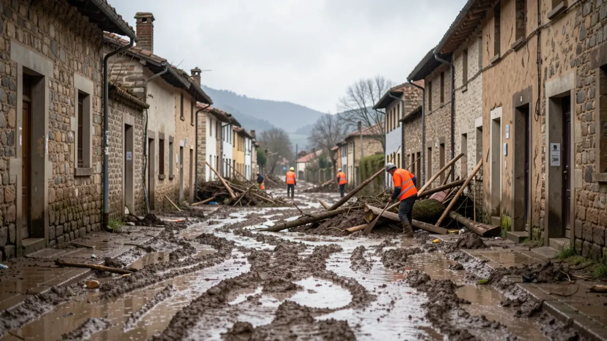 Imaxe xenérica de voluntarios limpando barro dunha rúa dun pobo galego tras unha inundación.