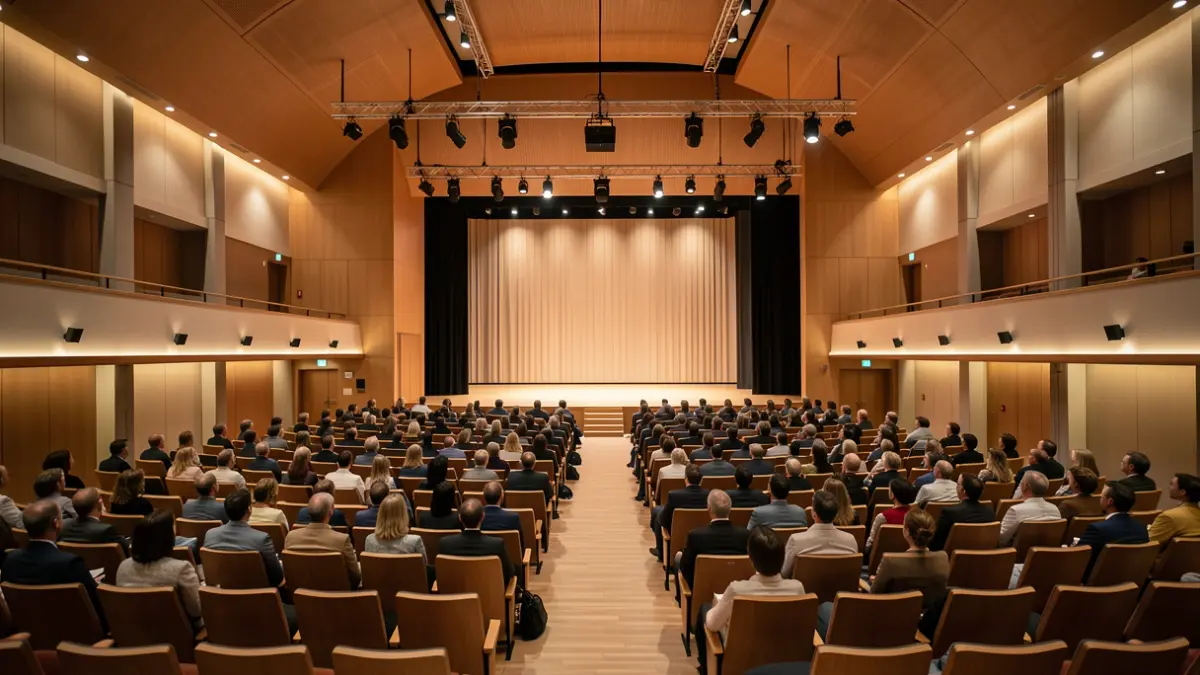 Imaxe xenérica dun auditorio moderno con escenario baleiro.