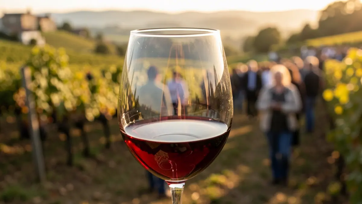 Imagen genérica de una copa de vino tinto con viñedos gallegos al fondo.