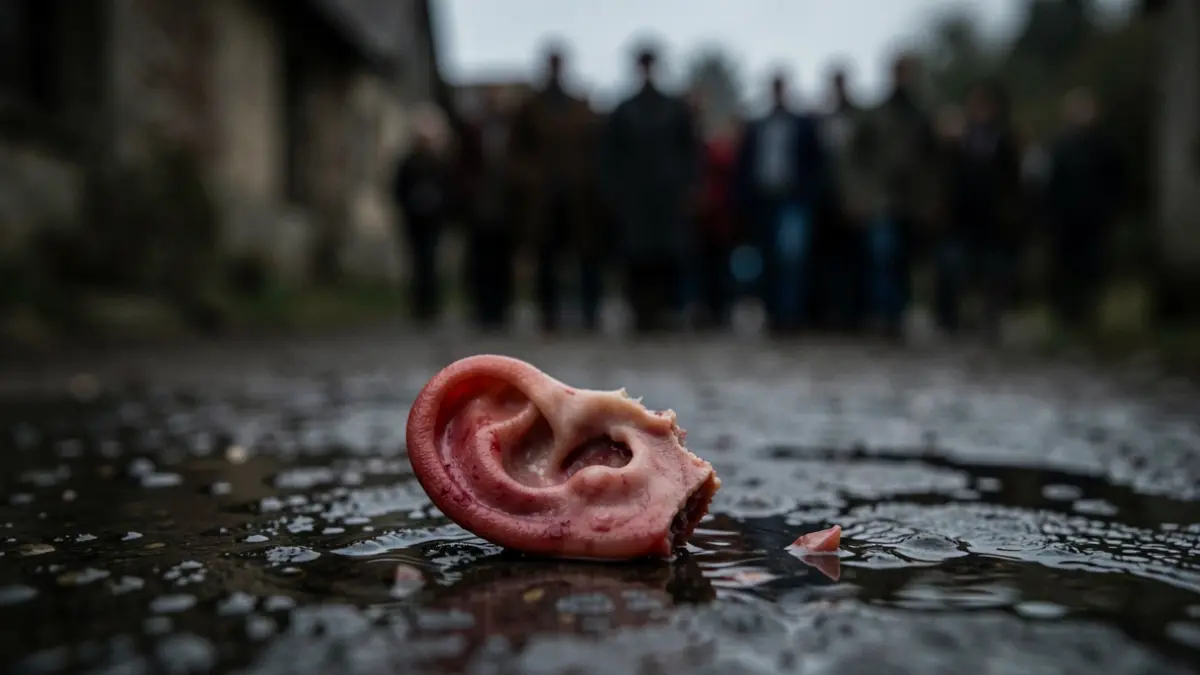 Primer plano de una oreja seccionada sobre una superficie oscura y húmeda.