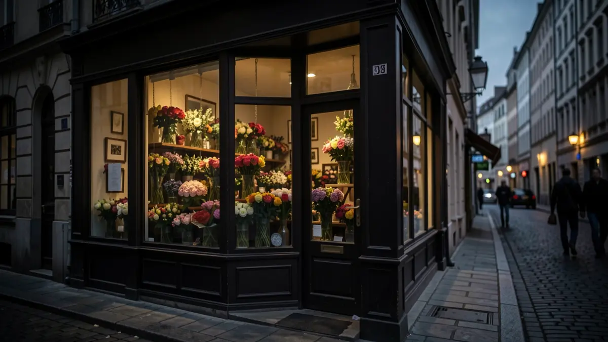 Fachada dunha floraría pechada con luces tenues que suxiren actividades ocultas.