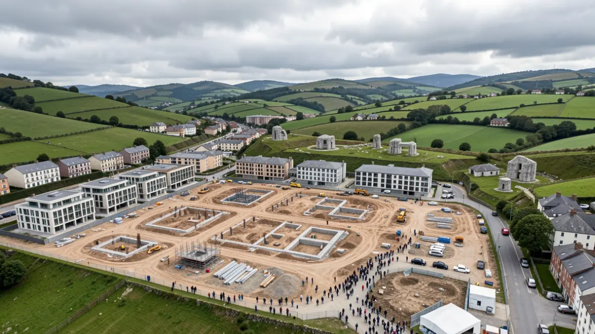 Imaxe xenérica de desenvolvemento urbanístico en Galicia con obras e vivendas en construción.