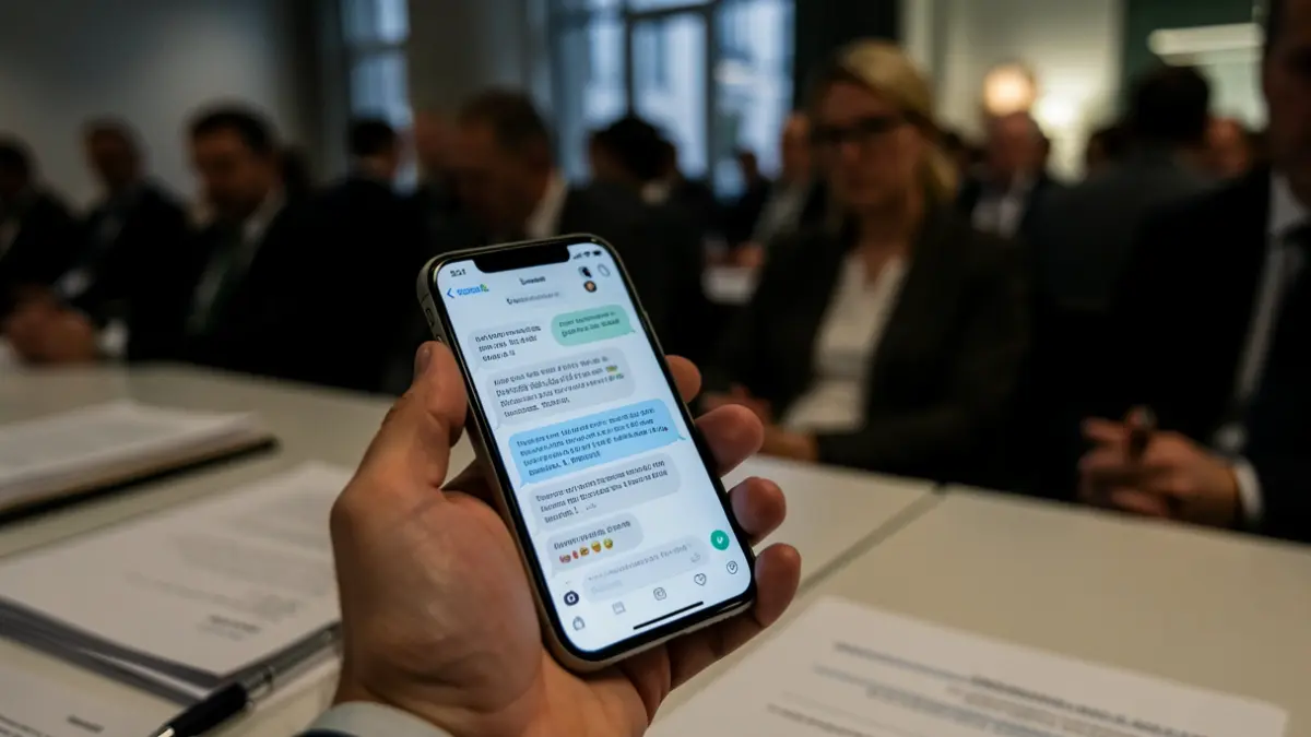 Imaxe dunha man sostendo un teléfono móbil con mensaxes de chat, documentos desenfocados e un fondo de oficina con pouca luz.