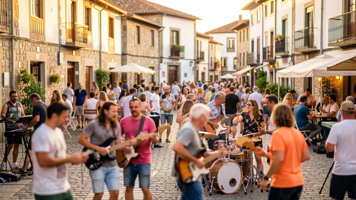 Imaxe xenérica dunha festa de verán nunha praza galega con xente gozando da música e actividades.