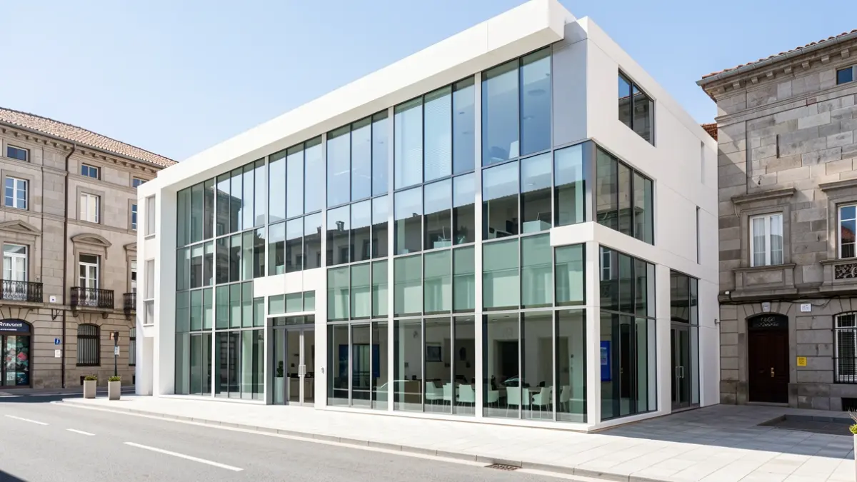 Imagen de un moderno centro de negocios y emprendimiento con fachada de cristal y arquitectura de granito gallega al fondo.