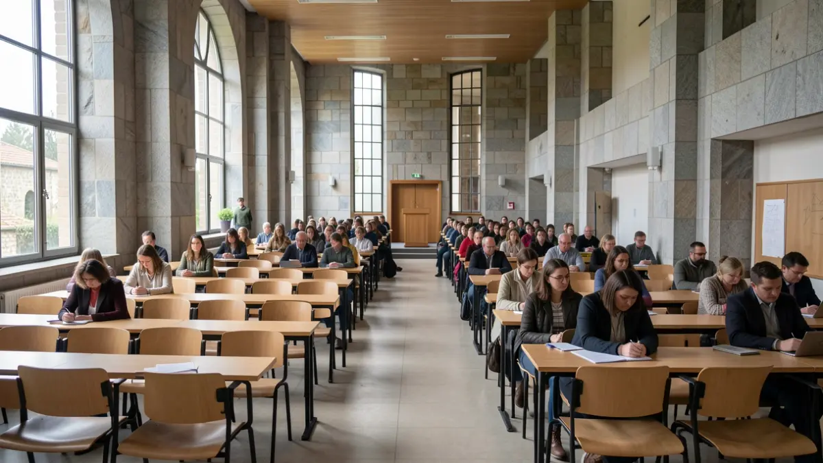 Imaxe xenérica dunha aula universitaria baleira con asentos vacíos e un atril.