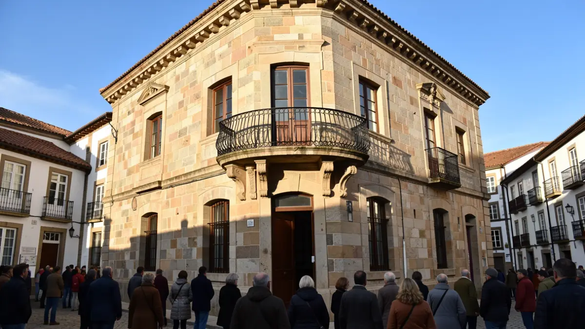 Imagen genérica de un ayuntamiento de Galicia con balcón de hierro y luz solar.