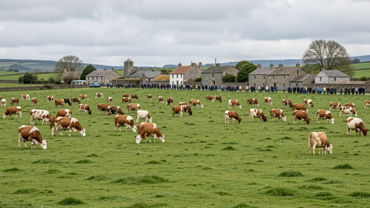 Imagen genérica de vacas pastando en un paisaje rural gallego con casas de granito.