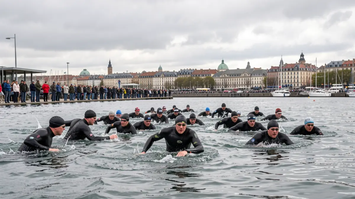 Imaxe dunha proba de natación en augas abertas preto dun porto.