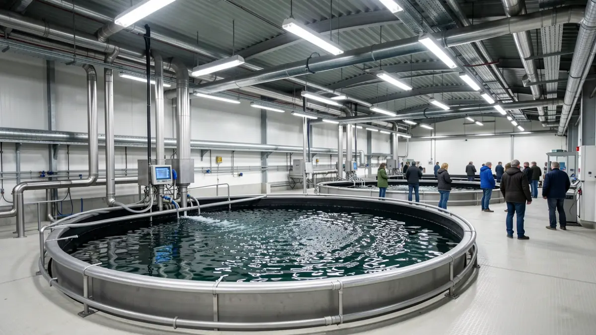 Instalacións tecnolóxicas dunha planta de acuicultura industrial.
