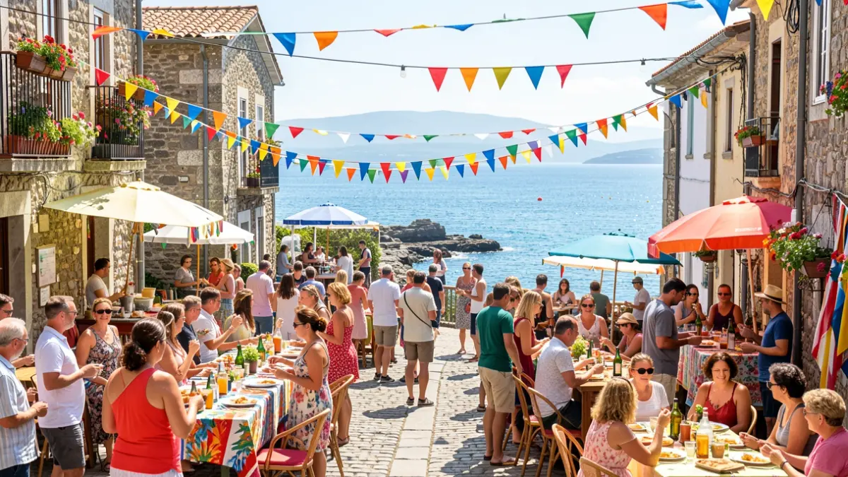 Imagen genérica de una fiesta popular costera en Galicia con gente, comida y música.