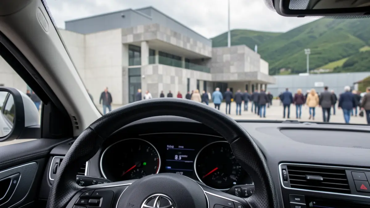 Primeira plana dun volante e cadro de mandos dun coche, cun fondo borroso dunha moderna instalación industrial en Galicia.