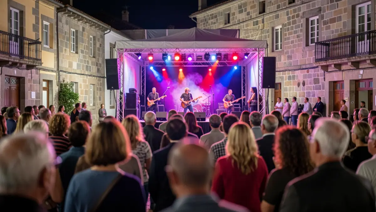 Imaxe dun concerto ao aire libre pola noite na praza dun concello galego, coa banda actuando baixo luces de cores.