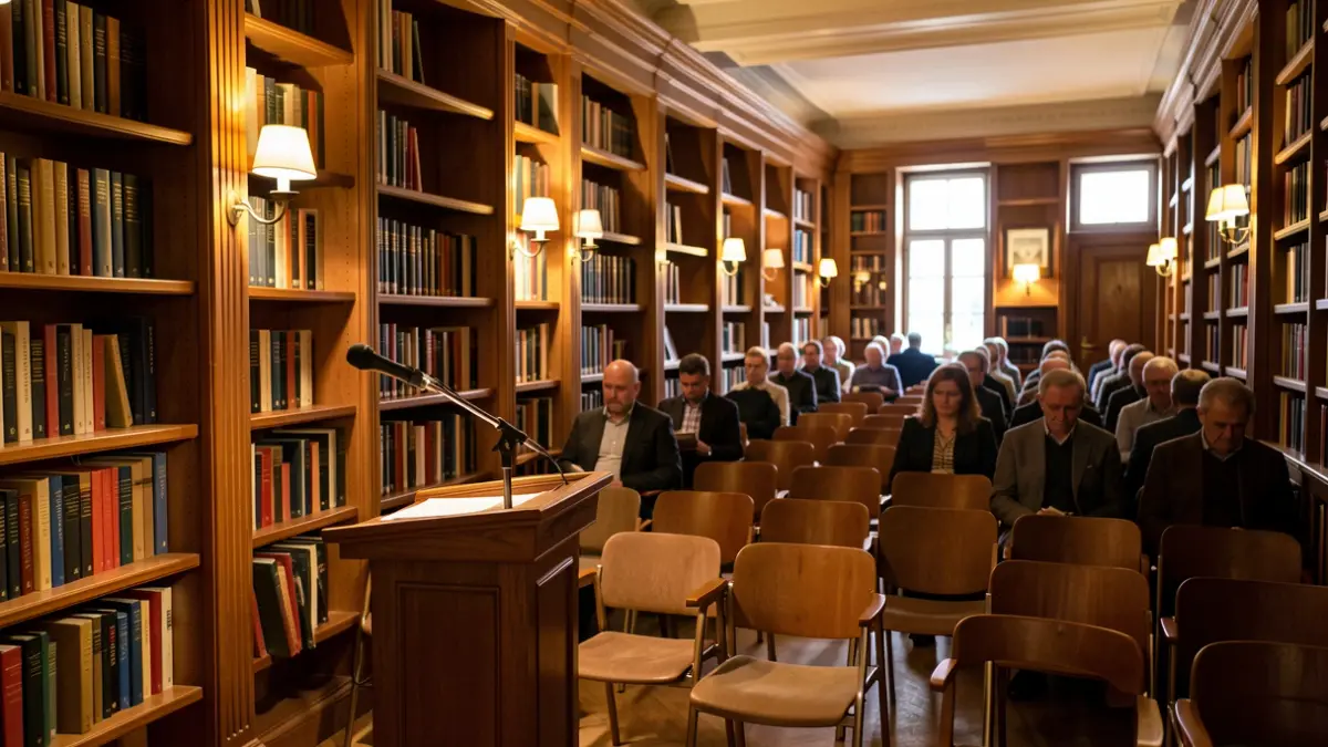 Imaxe xenérica dunha biblioteca con estanterías de madeira e ambiente acolledor.
